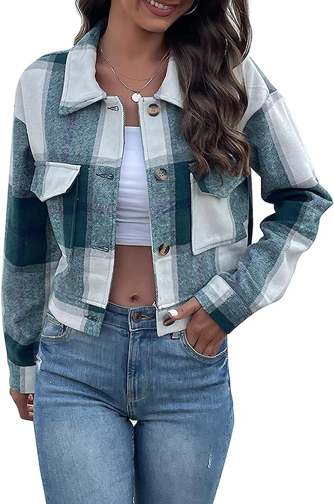Women's Flannel Cropped Plaid Shacket Jacket Button Down Long Sleeve Shirts Tops | Amazon (US)