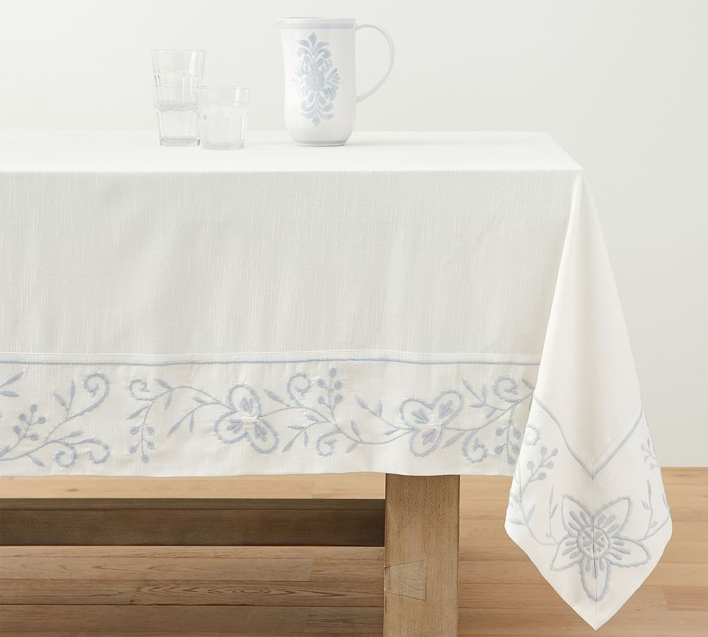 Chambray Floral Embroidered Cotton Tablecloth | Pottery Barn (US)