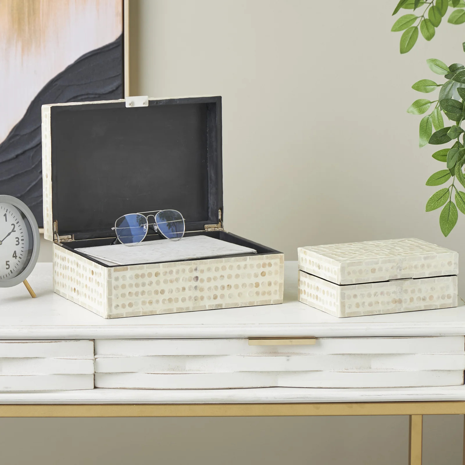 Armadi Mother of Pearl Shell Handmade Mosaic Dot Storage Geometric Decorative Cream Box with Acce... | Birch Lane