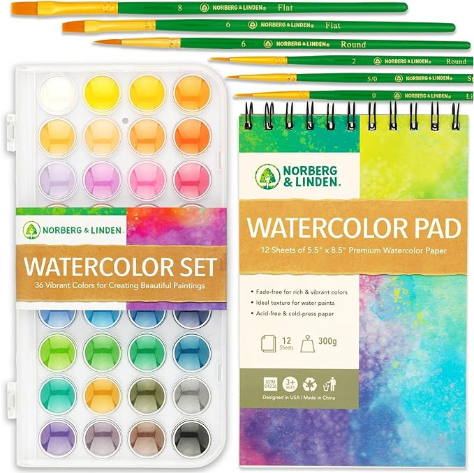 Norberg & Linden Watercolor Paint Set - 36 Premium Paints - 12 Page Pad - 6 Brushes - Painting Su... | Amazon (US)
