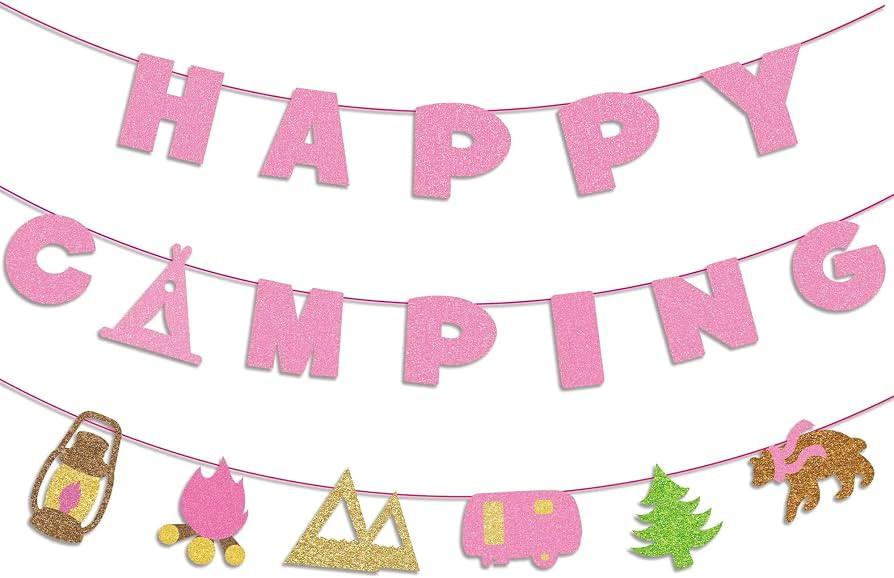 Happy Camping Banner, Glamping Party Sign Decorations for Girl, Pink Camper Theme Supplies, Camp ... | Amazon (US)