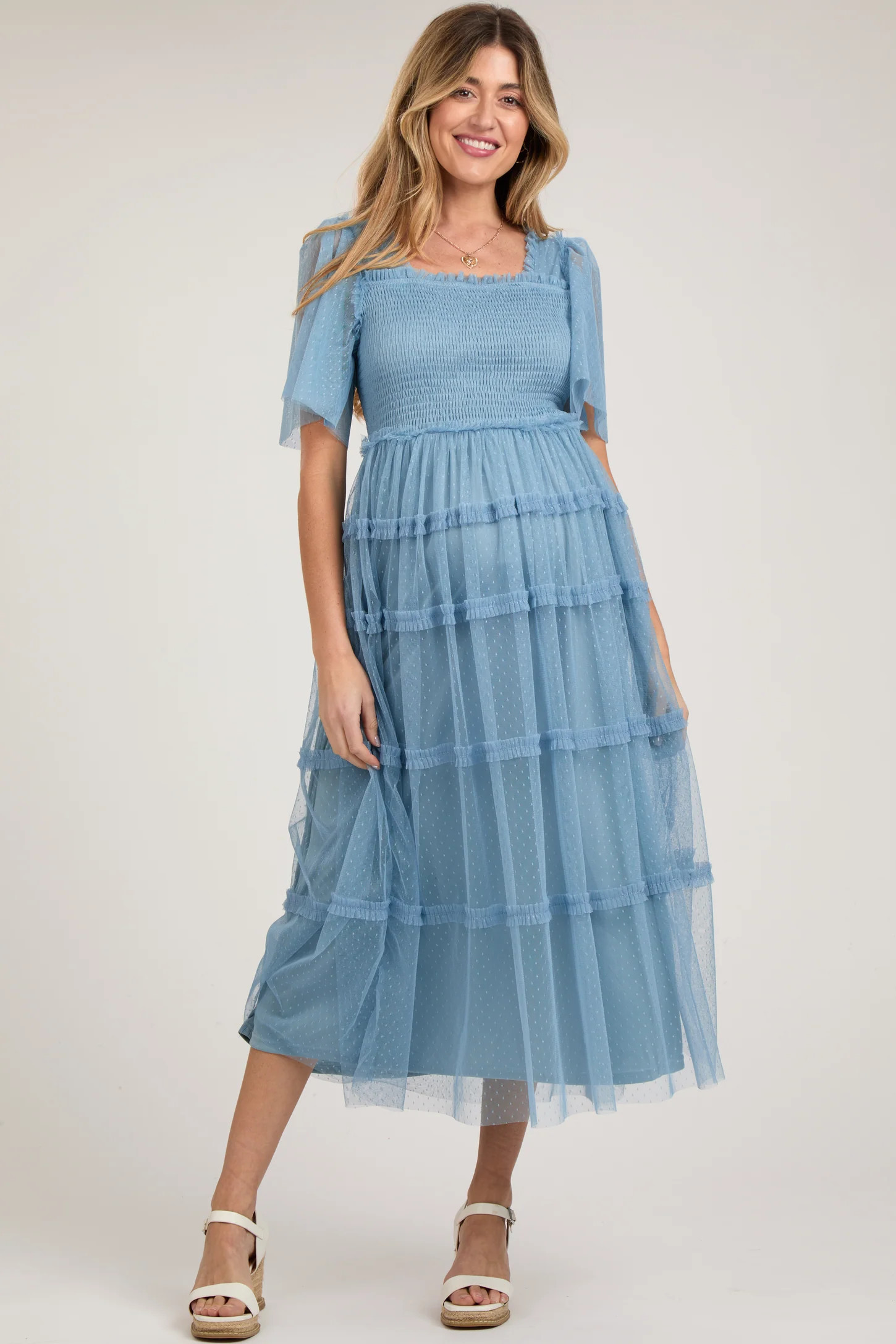 Blue Ruffled Mesh Maternity Maxi Dress | PinkBlush Maternity