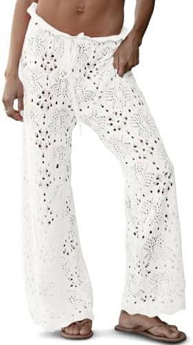 Saodimallsu Womens Crochet Swimsuit Coverup Pants High Waisted Drawstring Sexy Sheer Mesh Knit Wi... | Amazon (US)