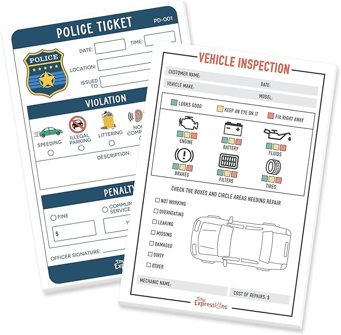 Tiny Expressions Pretend Play Notepads - 2-Pack Kids - 40 Pages Police Ticket & 40 Pages Vehicle ... | Amazon (US)