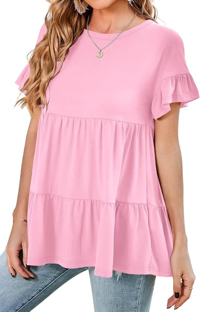Neineiwu Women's Casual Ruffle Short Sleeve Crewneck Loose Tops Blouses Tunics | Amazon (US)