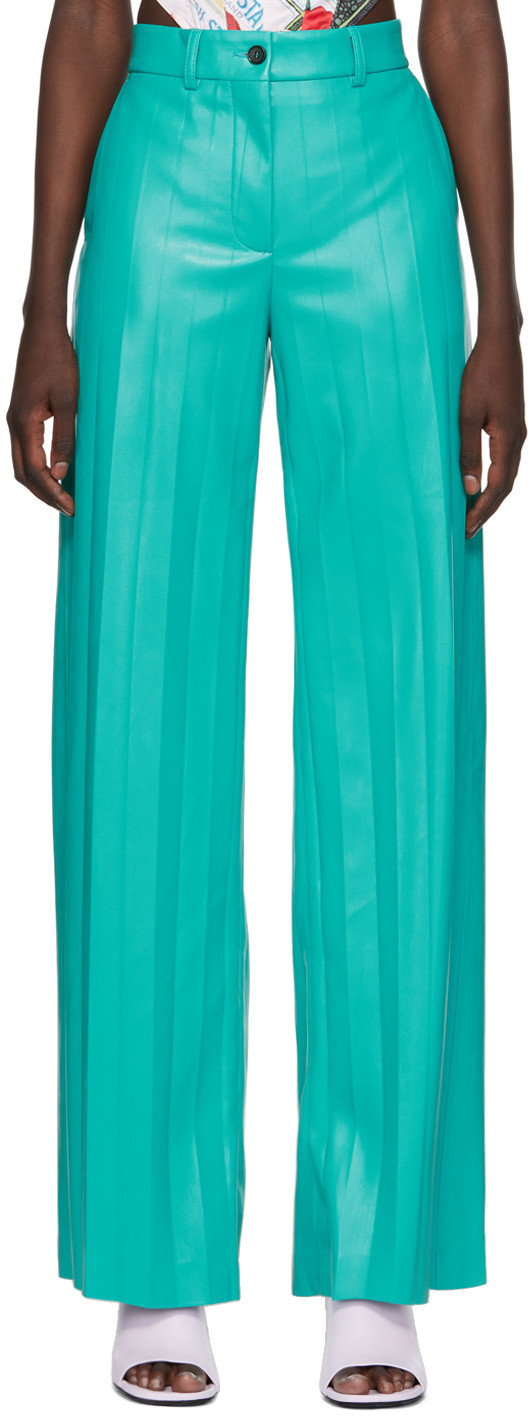 MSGM Blue Pleated Faux-Leather Pants | SSENSE