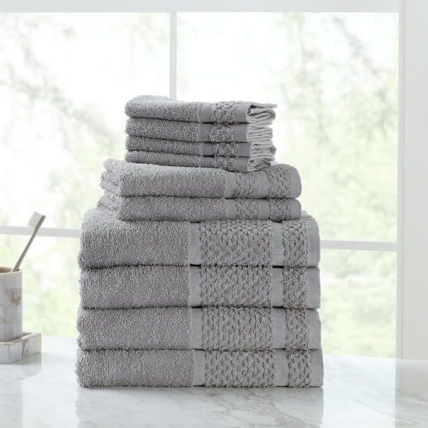 Mainstays Value 10 Piece 100% Cotton Bath Towel Set with Upgraded Softness & Durability, Gray - W... | Walmart (US)