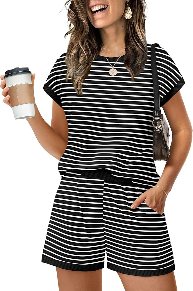 WIHOLL Two Piece Sets for Women Summer Lounge Short Sets Cap Sleeve Crew Neck Sweatsuit with Pock... | Amazon (US)