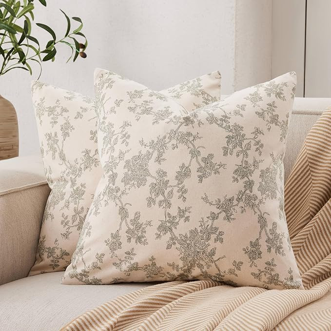 100% Cotton French Pastoral Throw Pillow Covers Set of 2, 16x16 Inch Green Farmhouse Decorative C... | Amazon (US)