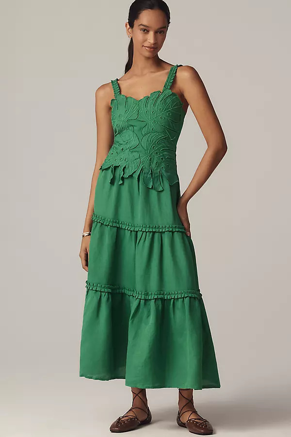 x Anthropologie Linen Blend Tiered Midi Dress | Anthropologie (US)