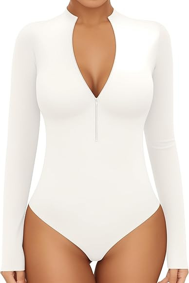 MANGOPOP Long Sleeve Body Suit Mock Turtle Neck Zip Up Bodysuit for Women Ribbed Deep V Sexy Body... | Amazon (US)
