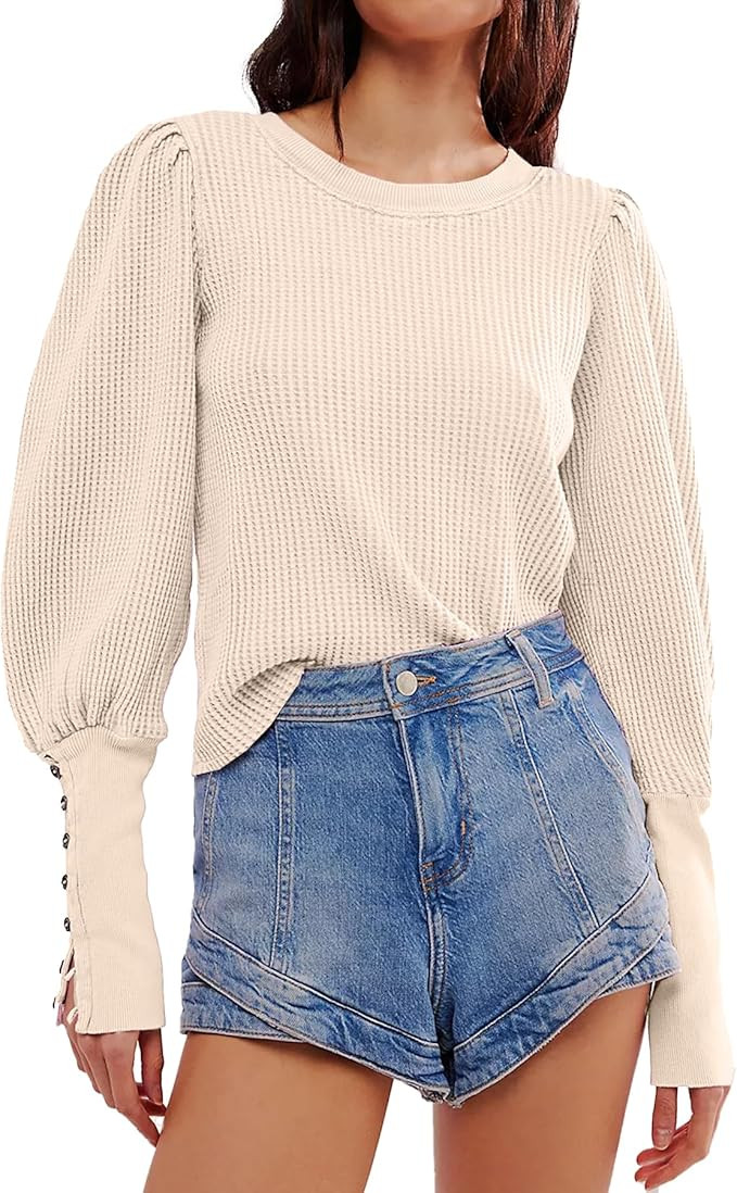 Women's 2024 Fall Puff Long Sleeve Crew Neck Sweatshirt Pullover Waffle Knit Casual Winter Therma... | Amazon (US)