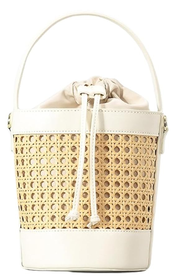 Rattan Bucket Bag for Women Straw Beach Bag Drawstring Crossbody Purse PU Leather Summer Shoulder... | Amazon (US)