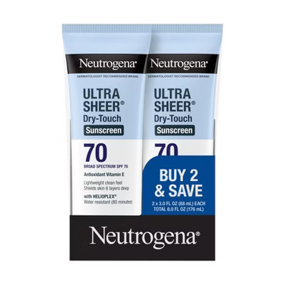 Neutrogena Ultra Sheer Sunscreen - SPF 70 - 2pk/6 fl oz: Noncomedogenic, BPA-Free, PABA-Free, Travel Size | Target