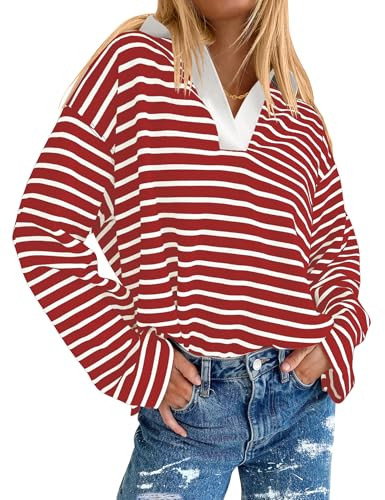 AKEWEI Red and White Striped Shirt Women Loose Fit Tops for Women V Neck Long Sleeve Shirts(Red White Stripe,S) | Amazon (US)