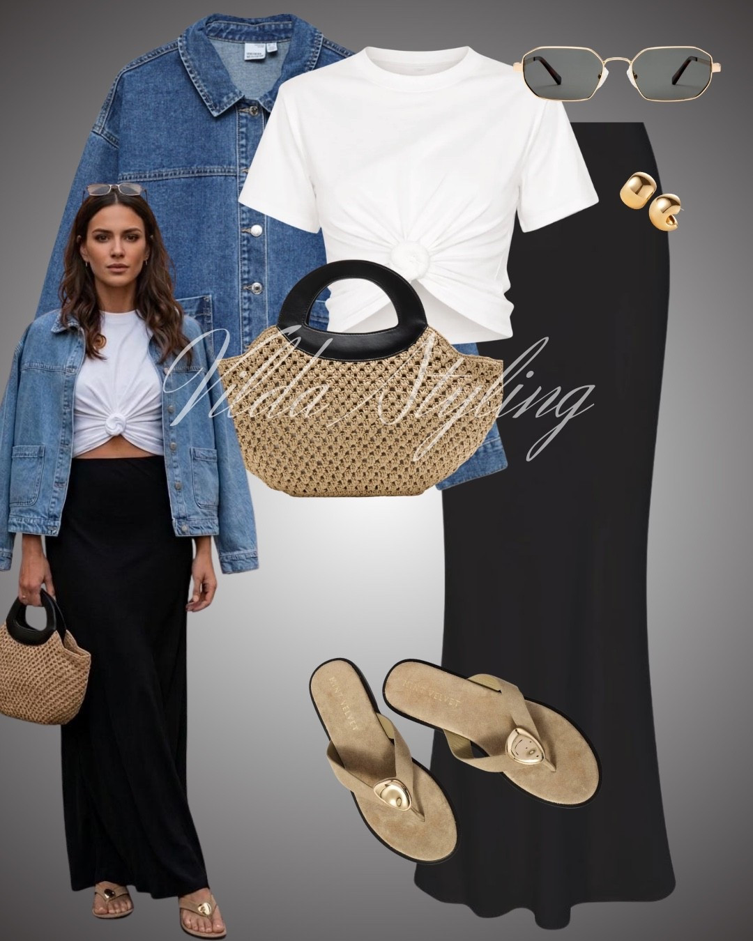 Denim jacket satin skirt white t-shirt suede beige sandals raffia bag casual outfit

#LTKspring #LTKuk #LTKsummer