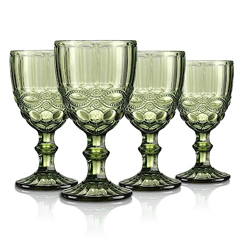 Joeyan Green Vintage Wine Glasses,Clear Water Goblet Glasses with Embossed Serpentine Pattern,Ste... | Amazon (US)