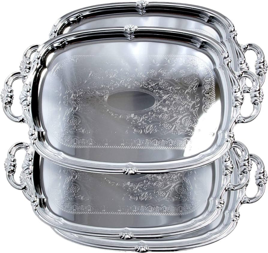 (Pack of 4) 21-Inch x 13.5-Inch Elegant Victoria Floral Engraved with Handle Serving Tray Silver ... | Amazon (US)