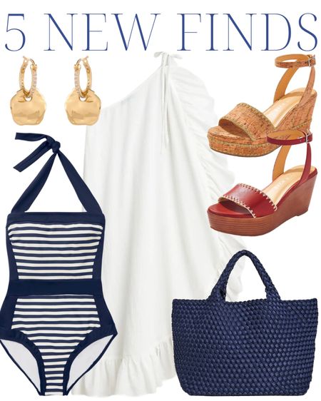 5 new finds! Flattering navy blue and white striped one piece bathing suit swimsuit, white beach pool ruffled one shoulder coverup, platform cork gold wedges, platform cognac leather wedges, summer dress shoes, summer sandals, ankle strap, navy blue woven beach bag pool bag tote bag purse, preppy style, preppy outfit, preppy summer, classic style, beach trip, girls trip, girls weekend, ootd, nautical style, coastal style @jackrogersusa 

#LTKSeasonal #LTKunder100 #LTKshoecrush