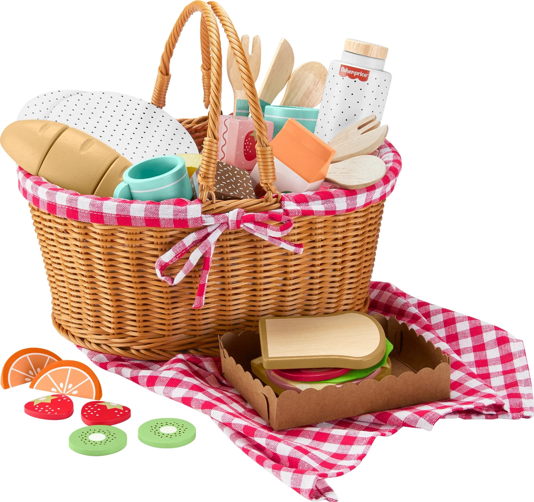 Fisher-Price Wooden Picnic Basket and Food Pretend Play Set for Preschool Kids, 31 Pieces | Walmart (US)