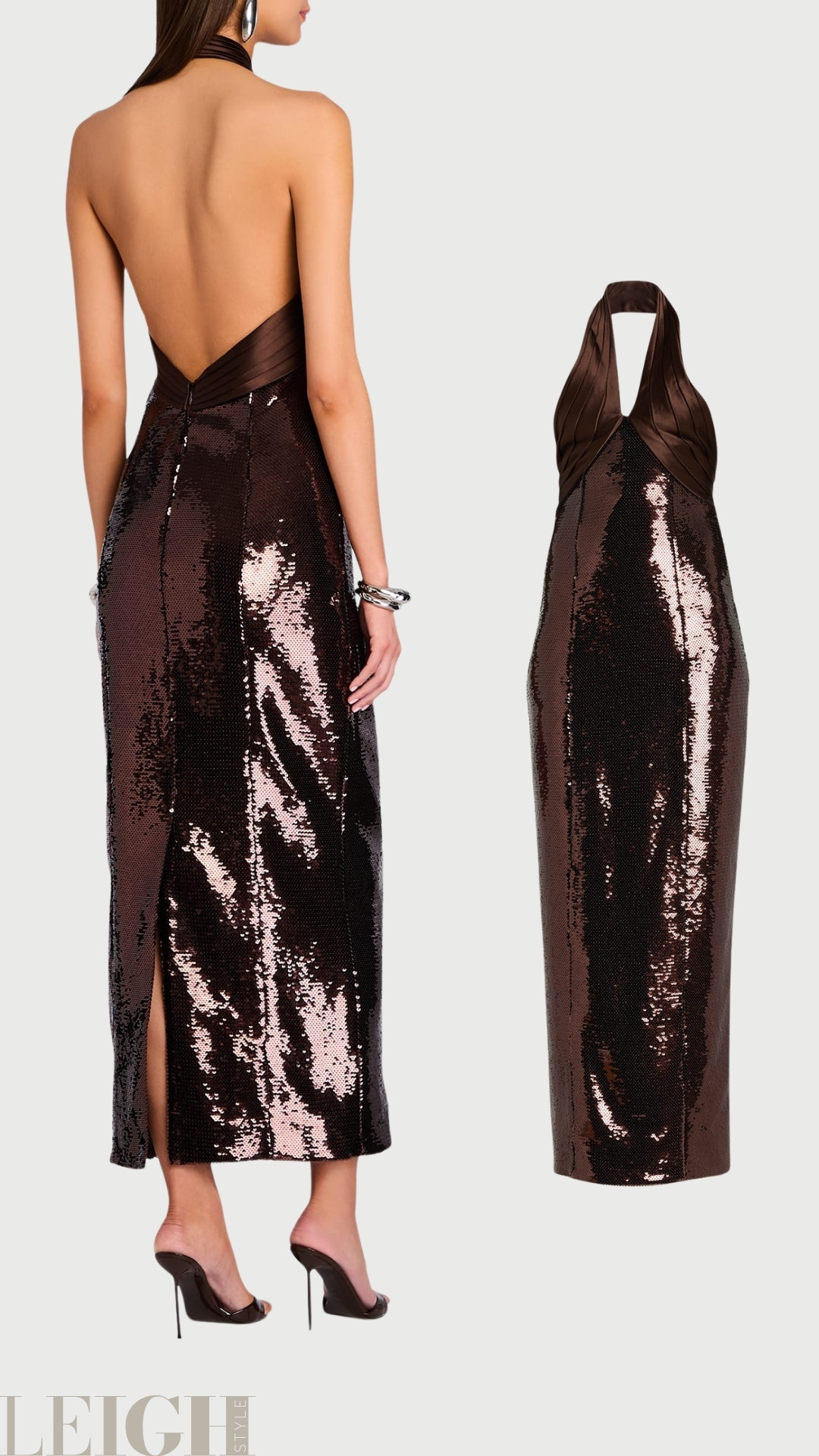 Turn every entrance into a statement with the Tamra Sequined Halter Dress. Designed in a rich chocolate brown hue, this floor-grazing silhouette features an elegant halter neckline with a dramatic open back for a bold yet refined finish. 

 #LTKootd #LTKWorkwear #LTKTravel