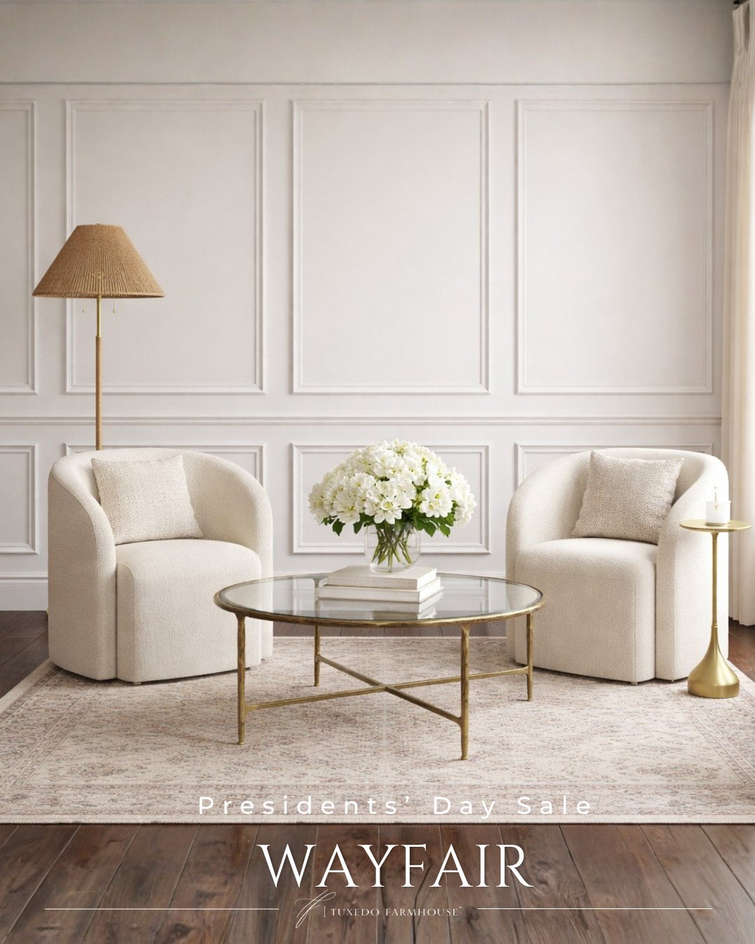 Soft curves, warm metallics, and timeless textures come together in a look that feels effortlessly polished. The sculptural seating pairs beautifully with the airy glass coffee table, while layered accents and fresh florals add just the right touch of refinement without feeling overdone.

Even better—these elevated pieces are part of Wayfair’s Presidents’ Day Sale, making it the perfect time to invest in designs that feel both classic and current. Thoughtful styling, lasting appeal, and a rare chance to save—consider this your sign.

Seasonal, home decor, accent chairs, rugs, wall art, frames, pillows, lamps, baskets, candles, books, coffee tables, ottomans, trays, bowls, consoles, accent tables 

 

#LTKSeasonal #LTKSaleAlert #LTKHome