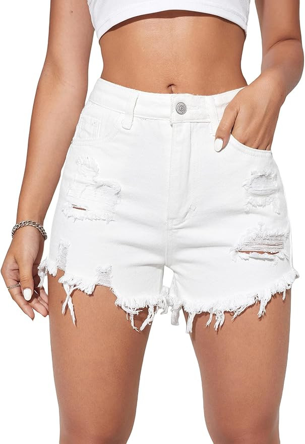 WDIRARA Women's High Waisted Raw Hem Distressed Ripped Casual Denim Shorts | Amazon (US)