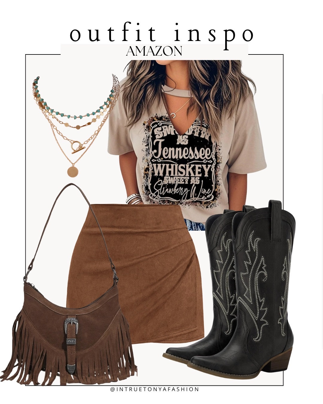 Country concert outfit from amazon — graphic tee, faux suede skort, black cowboy boots, fringe purse, and stacked necklace 





Nashville outfits, western outfit, festival outfit, western boots, western boho outfit, amazon outfits 2026, concert outfit ideas, summer outfit amazon, Amazon outfit ideas, summer concert outfit, summer festival, rodeo outfit

#LTKootd #LTKSaleAlert #LTKPetite