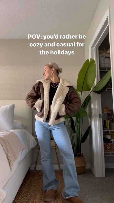 Holiday outfits, holiday fashion, holiday style, flare pants, corduroy pants, corduroy brown pants, winter sweaters, winter style, winter outfit, thanksgiving outfit ideas, Christmas outfit ideas, christmas pjs, winter jackets, Sherpa jacket, fur jacket