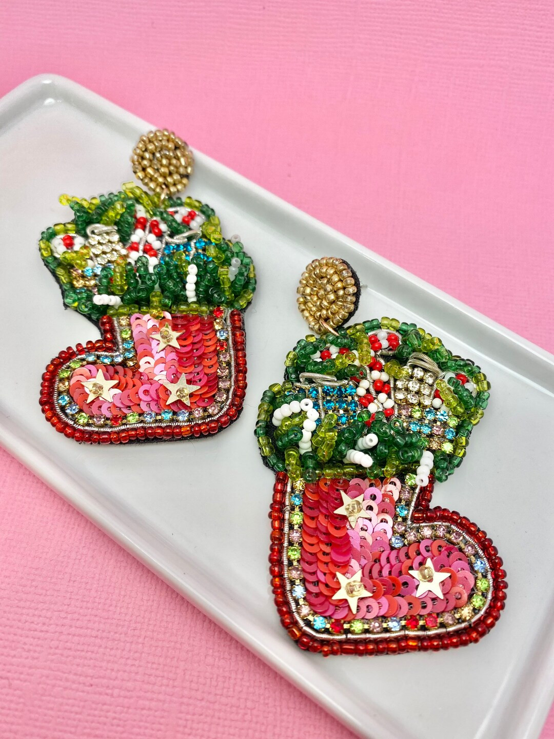 Beaded Christmas Stocking Earrings Christmas Earrings Gifts - Etsy | Etsy (US)