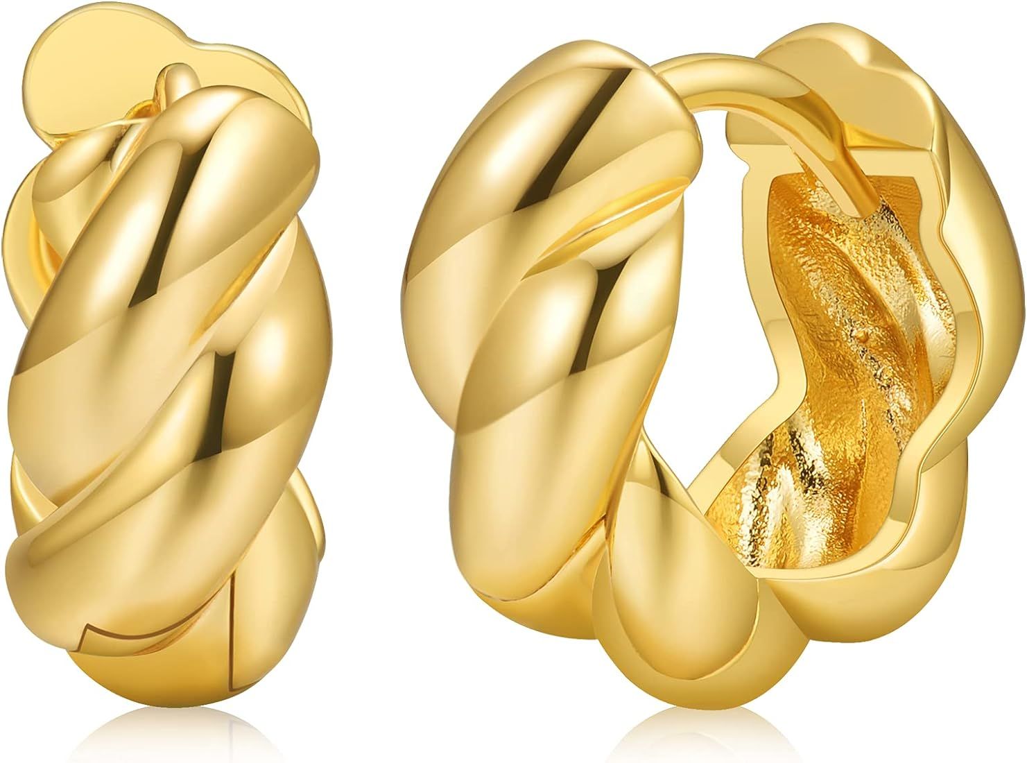 Small Hoop Earrings For Women, Chunky Huggie Earrings, 14k Real Gold Filled, Nap Earrings, Croiss... | Amazon (US)