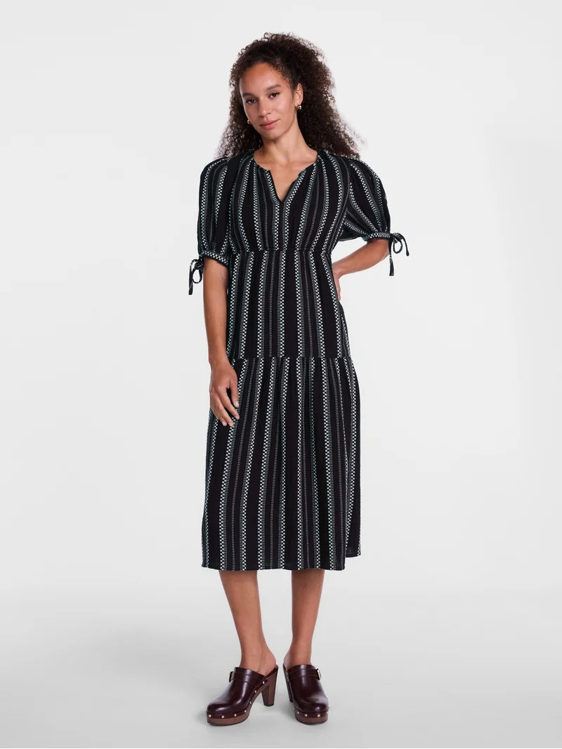 Scenario Women's Split Neck Tiered Midi Dress, Sizes XS-XXXL | Walmart (US)