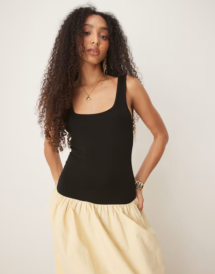 ASOS DESIGN contrast poplin mix square neck maxi dress in buttermilk-Black | ASOS (Global)