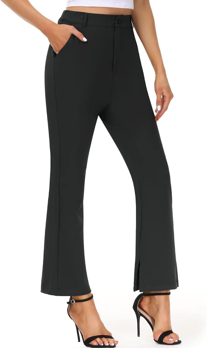 Women's High Waist Pants Split Hem Full Length Slightly Flared Pants with Pocket Slim Fit Bootcut | Amazon (US)