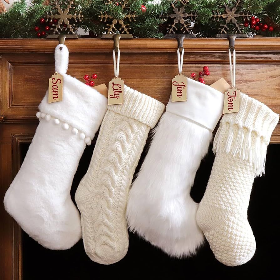 Pawliss Christmas Stockings: 4 Pack 18 Inch White Farmhouse Plush Faux Fur & Cable Knitted Firepl... | Amazon (US)
