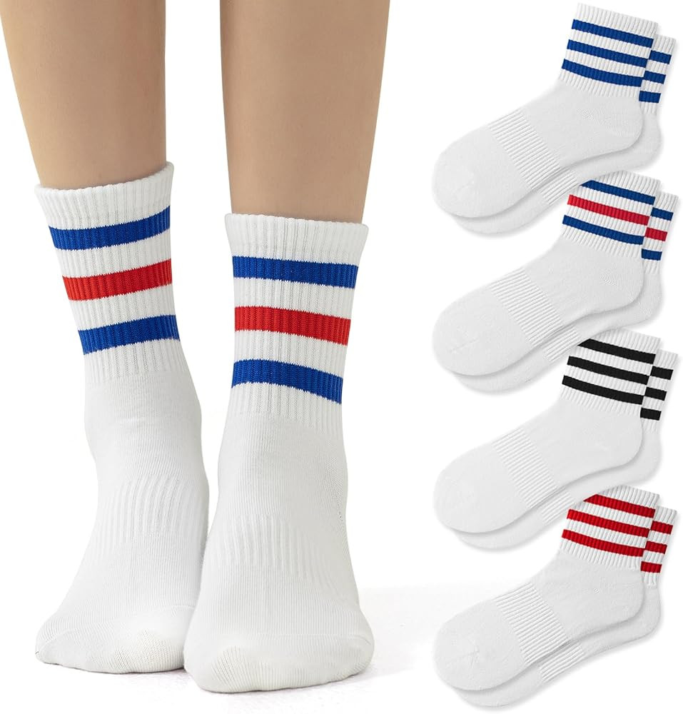 4 PAIRS Stripe Crew Socks For Women Retro Athltic Socks Casual Cotton Stretchy Novelty Socks Unis... | Amazon (US)
