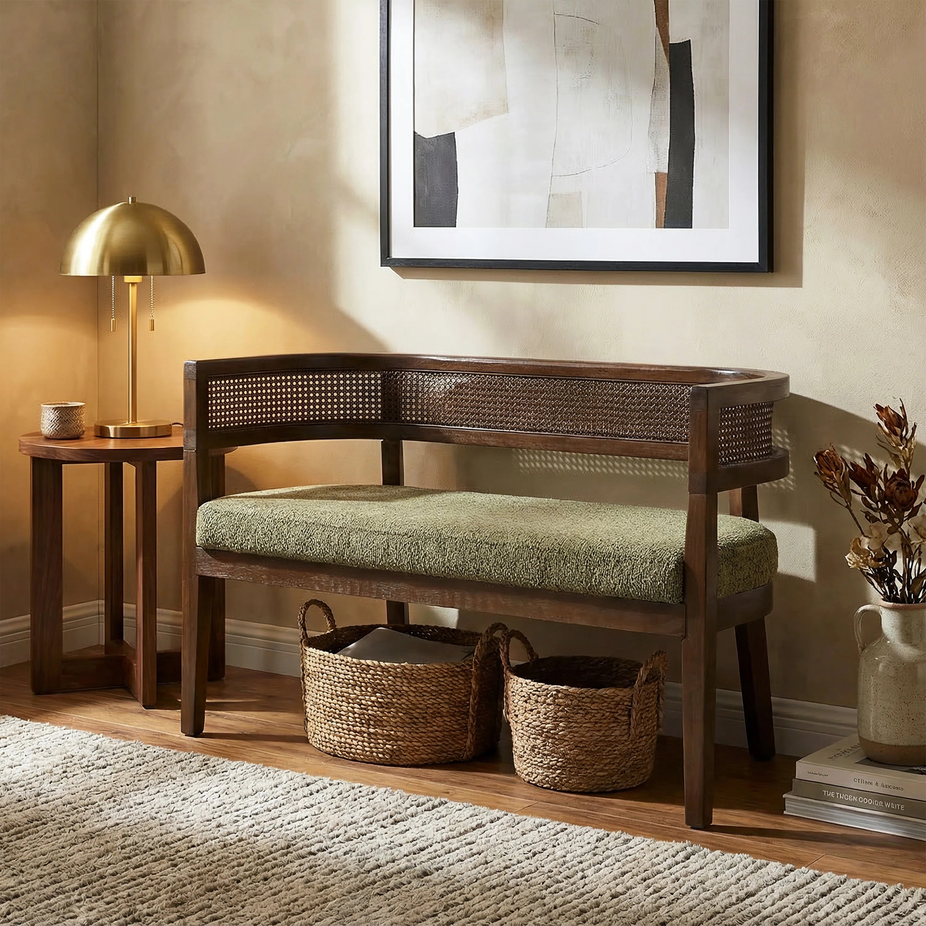Elio Mid-Century Modern PE Rattan Back Upholstered Loveseat | Wayfair North America