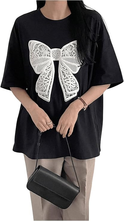 SHENHE Women's Graphic Bow Print Crewneck Short Sleeve T Shirts Oversized Casual Top | Amazon (US)
