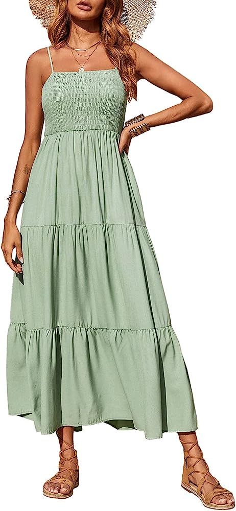 PRETTYGARDEN Women's Summer Maxi Dress Casual Boho Sleeveless Spaghetti Strap Smocked Tiered Long Be | Amazon (US)