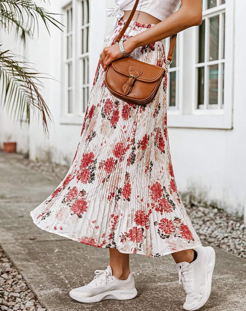 Simplee Women's Ruffle Floral Print Wrap High Waist Flowy Midi Skirt with Slit | Amazon (US)