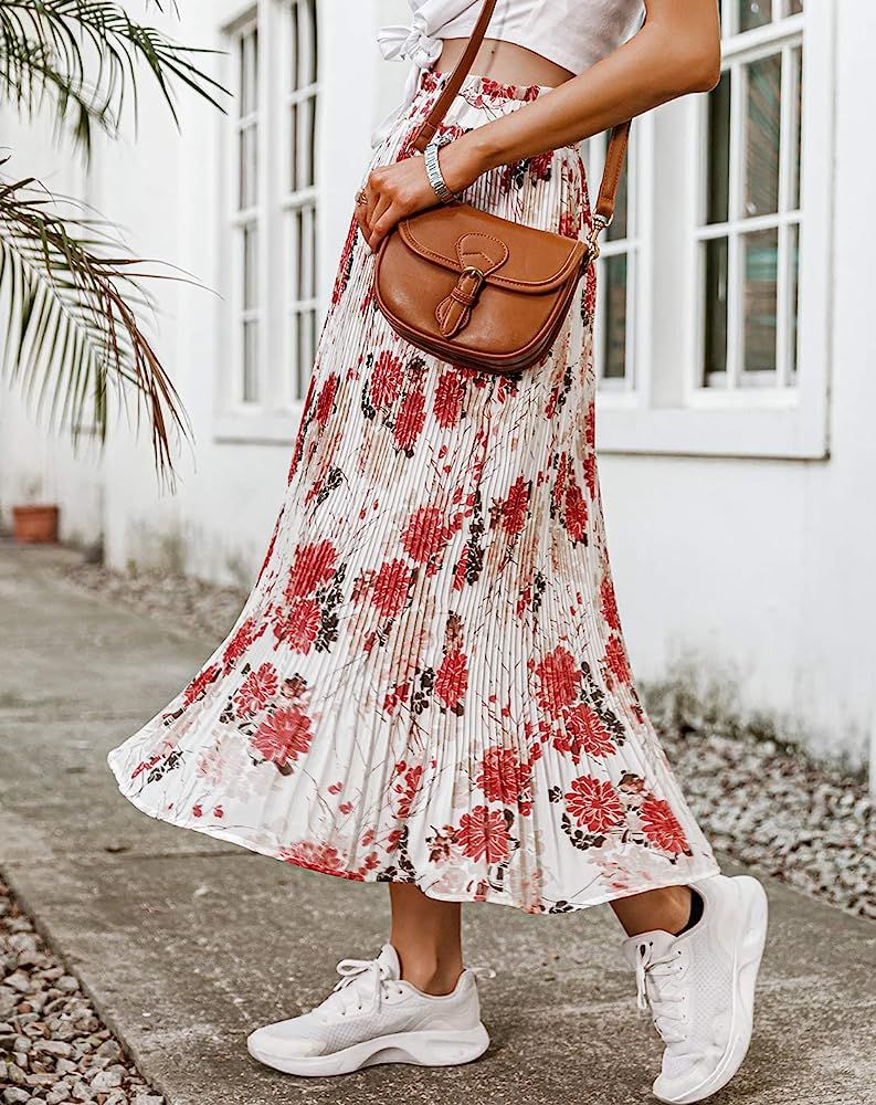 Simplee Women's Ruffle Floral Print Wrap High Waist Flowy Midi Skirt with Slit | Amazon (US)