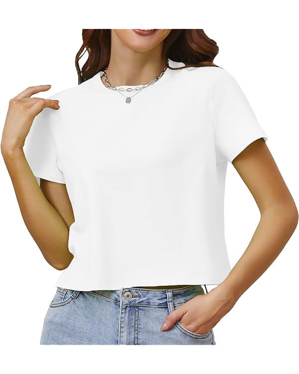 Cotton T Shirts for Women Loose Fit Casual Crewneck Basic Tee Tshirts Short Sleeve Crop Workout T... | Amazon (US)