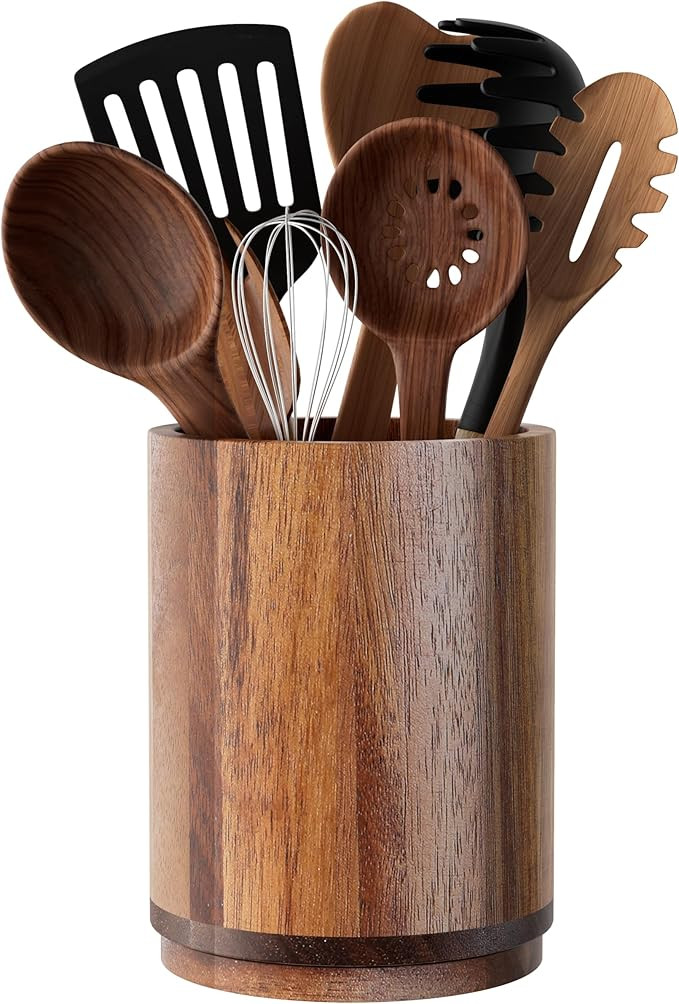 Utensil Holder, Acacia Wood Kitchen Utensil Holder for Countertop, 360°Rotating Cooking Utensil ... | Amazon (US)