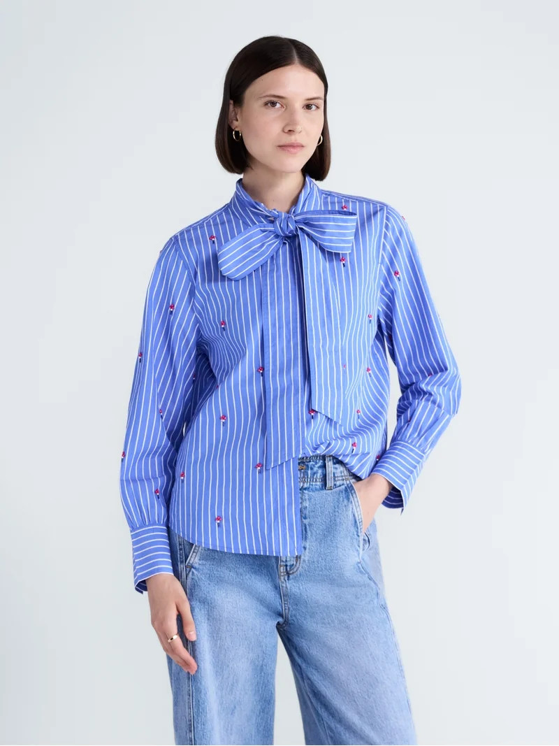 Free Assembly Women's and Women's Plus Beaded Tie Neck Cotton Shirt with Long Sleeves, Sizes XS-4... | Walmart (US)
