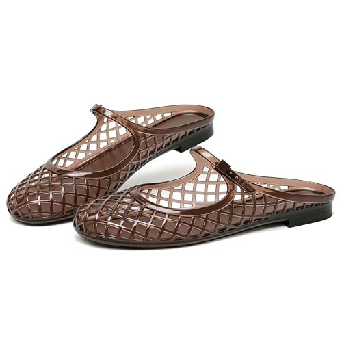ClassicSter Jelly Mary Janes for Women Mesh Flats Clear Jellies Slide Closed Toe Slip On Mules Beach Buckle Strap Low Heel Sandals(US 7.5,Brown) | Amazon (US)