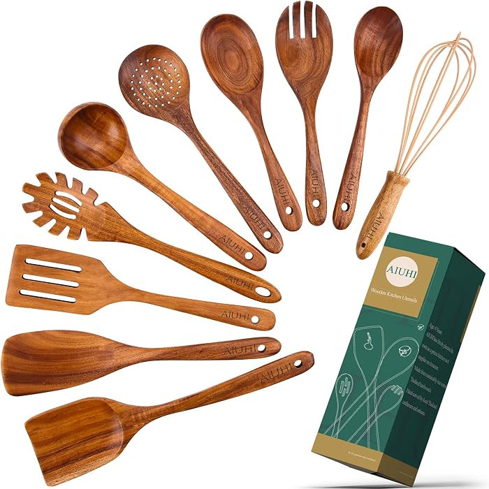 AIUHI 10 Pcs Wooden Spoons for Cooking, Teak Wooden Utensil Set for Nonstick Cookware, Wooden Kit... | Amazon (US)
