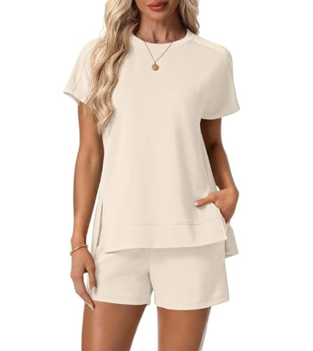 Lepunuo 2 Piece Short Sets for Women Summer Outfits Short Sleeve Tops Elastic Waist Shorts Lounge Set Matching Sets Tracksuit | Amazon (US)
