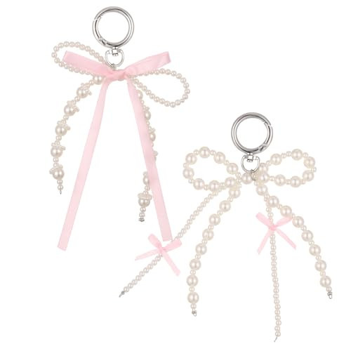 Yuanchu 2Pcs Pearl Bow Keychain, Cute Bowknot Beaded Keyring Charms Aesthetic Pink Bag Charms Purse Car Key Chain for Women | Amazon (US)