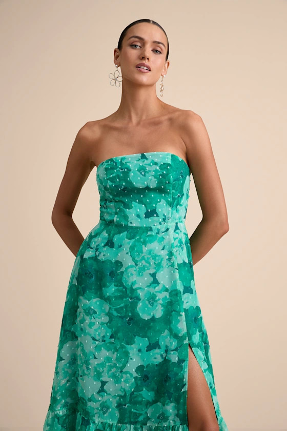 Bright Perspective Teal Floral Strapless Midi Dress | Lulus