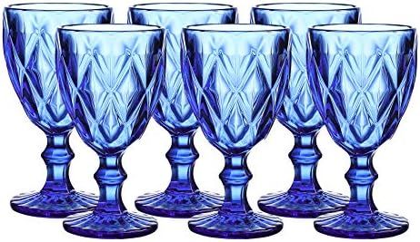 Colored Glass Drinkware 9.5 Ounce Water Glasses Cobalt Blue Diamond Pattern Set of 6 | Amazon (US)